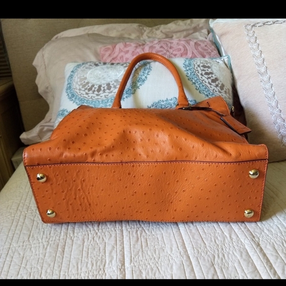 Michael Kors Ostrich-Embossed Hamilton Tangerine East/West Tote Leather Handbag - Picture 7 of 11